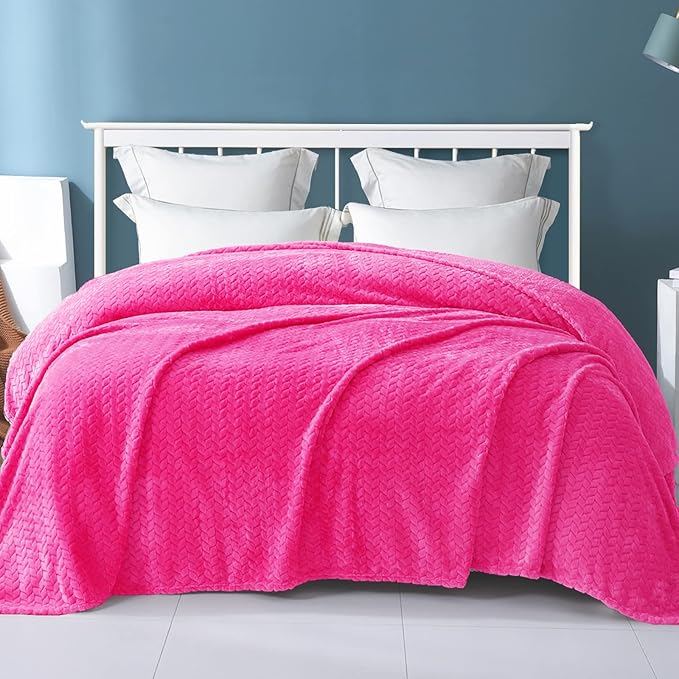 Exclusivo Mezcla Fleece King Size Blanket for Bed, 90x104 Inches Soft Cozy Jacquard Flannel Blankets, Lightweight Fuzzy Plush Warm for Winter, Hot Pink