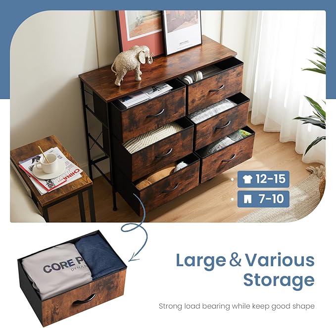 DUMOS TV Stand for Living Room, Dresser for Bedroom Chest of Dresser with 6 Fabric Drawers Storage Organizers Units, Nightstand for Bed