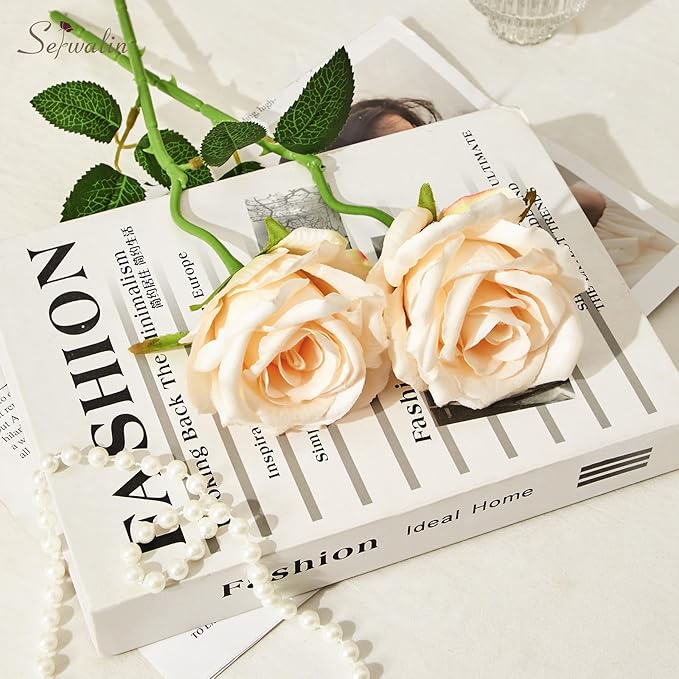 Serwalin 20pcs Artificial Roses, 4'' Big Flower Head, Champagne Velvet Silk Roses, Fake Roses Long Stem Realistic Bouquet for Wedding Table Centerpiece