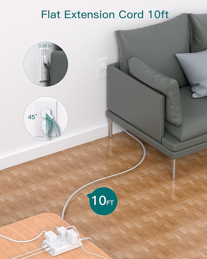 Surge Protector Power Strip 10 ft, Addtam Flat Plug Extension Cord with 4 USB Wall Charger(2 USB C Port), 4 Widely Outlets Desk Charging Station, Home Office and College Dorm Room Essentials