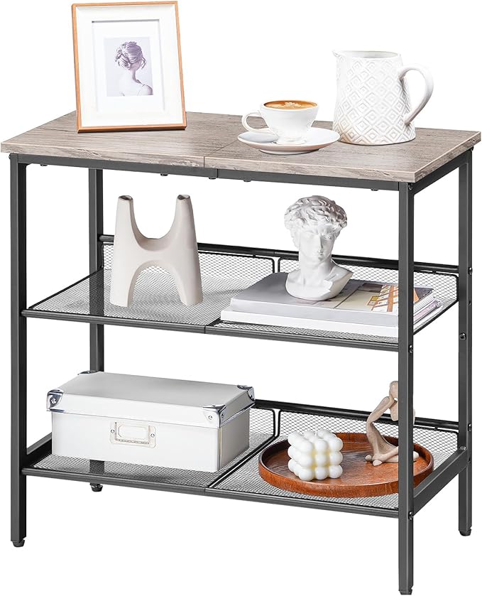 HOOBRO Side Table, 3-Tier Narrow End Table, Nightstand with 2 Flat or Slant Adjustable Shelves for Small Spaces, Hallway, Living Room, Bedroom, Sturdy, Easy Assembly, Greige and Black BG23BZ01G1