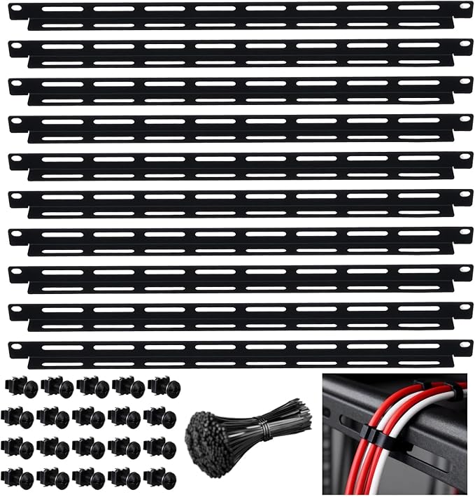 10 Pcs 19 in Rack Cable Management Kit, Including 0.5U L-Shaped Tie Bars, 20 Cabinet Screws, 100 Cable Ties, Sturdy Metal with Black Coating, Multi-Hole Design for Flexible Cabling