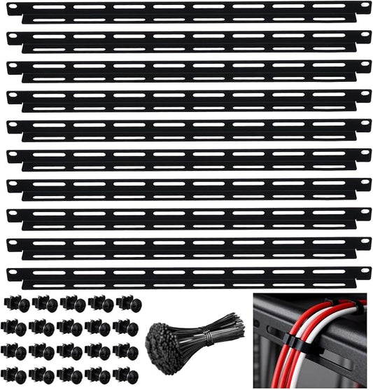 10 Pcs 19 in Rack Cable Management Kit, Including 0.5U L-Shaped Tie Bars, 20 Cabinet Screws, 100 Cable Ties, Sturdy Metal with Black Coating, Multi-Hole Design for Flexible Cabling