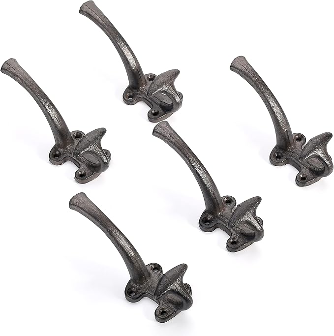 Ambipolar 5-Pack Decorative Cast Iron Heavy Duty Double Wall Hooks, Vintage Hooks in Antique Black Coat Hooks Wall Mounted for Mudroom, Hat Rack