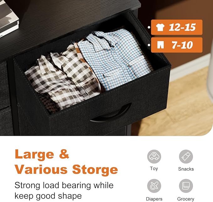 Sweetcrispy Dresser for Bedroom with 6 Storage Drawers, Fabric Storage Tower Organizer, Chest of Drawers with Metal Frame Wooden Top for Closet, Living Room, Entryway, Black