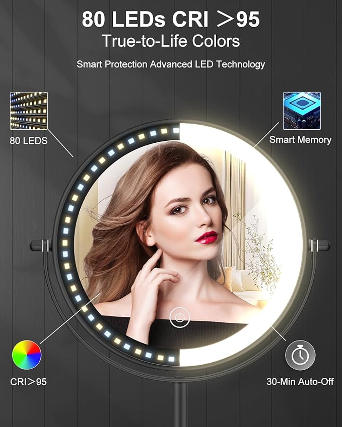Makeup Mirror with Lights, 1X/30X Lighted Magnifying Mirror Height Adjustable, 3000mAh Rechargeable Double Sided Vanity Mirrors with 3 LED Lighting and Adjustable Brightness for Desk Women Gift