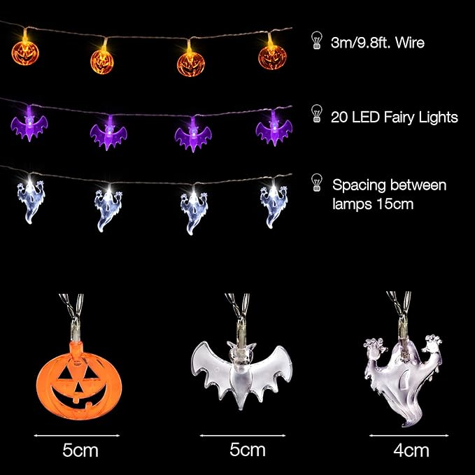 AOSTAR Set of 3 Halloween Lights (20 LEDs Orange Pumpkins, Purple Bats, White Ghosts), Battery Operated String Lights for Halloween Decorations Outdoor & Indoor