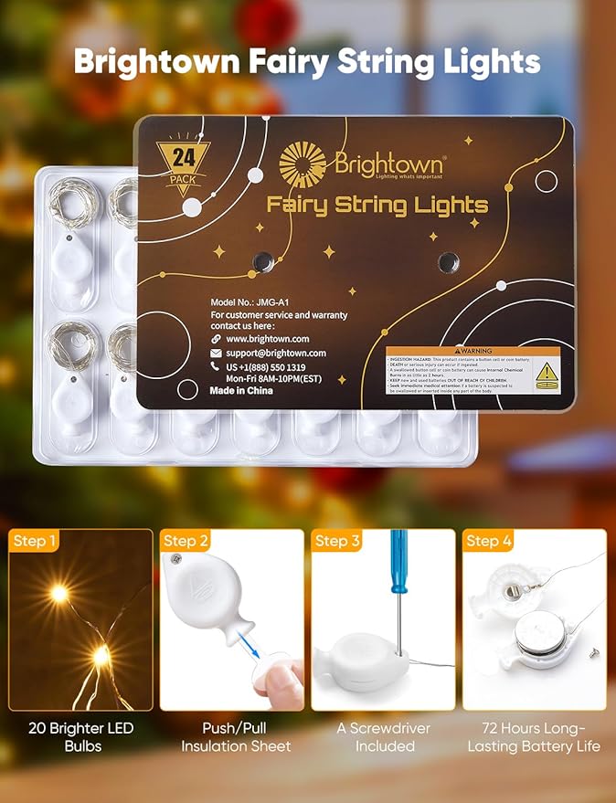 Brightown 24 Pack LED Fairy Lights Battery Operated String Lights, 7ft 20LED Waterproof Silver Wire String Lights, Firefly Starry Moon Lights for Mason Jars DIY Christmas Wedding Party Bedroom