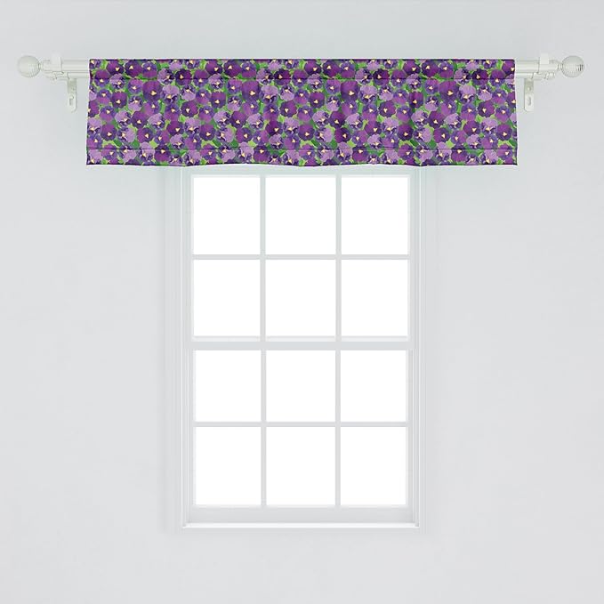 Ambesonne Botanical Window Valance Pack of 2, Green Field Full of Burgeoning Pansy Inflorescence Garden Flourish Bedding Plants, Rod Pocket Curtain Valances for Kitchen Bedroom, 42" X 12", Purple