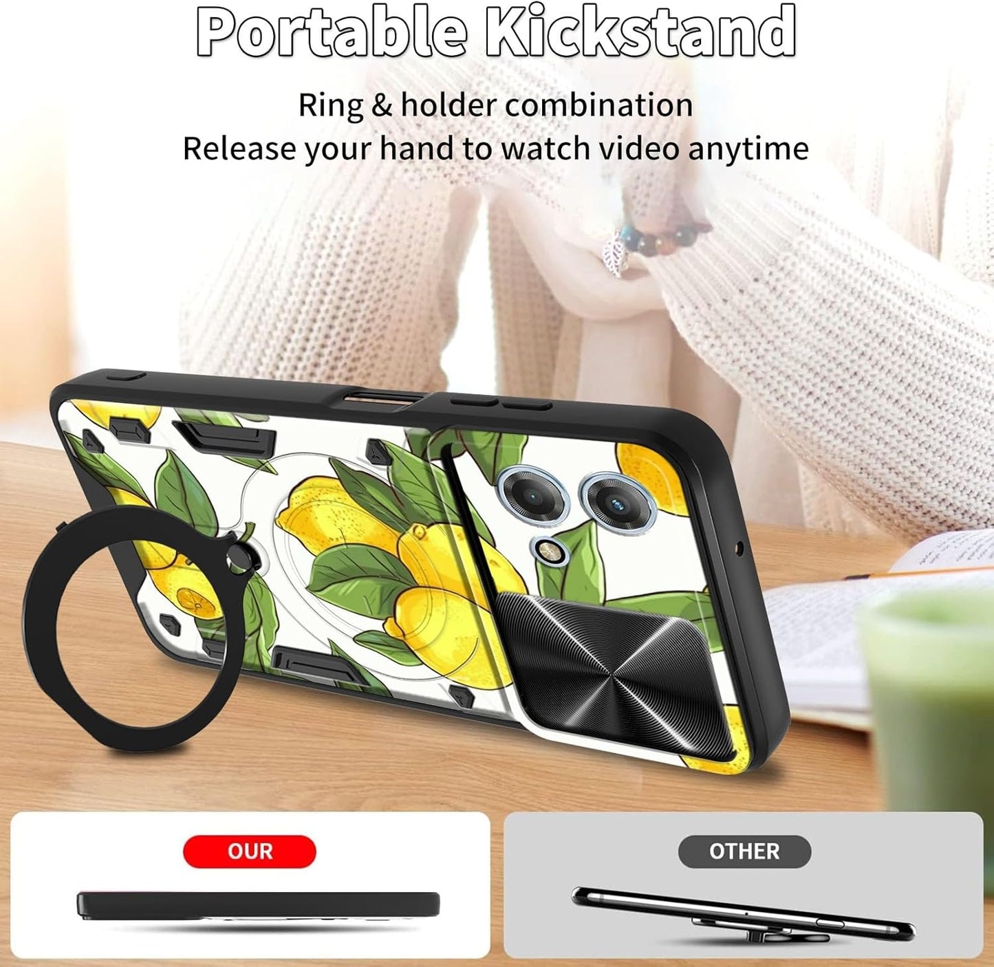 Motorola Moto G Stylus 5G 2023 Case: Slide Camera Lens Cover & 360 Degree Rotate Ring Kickstand - Lemons