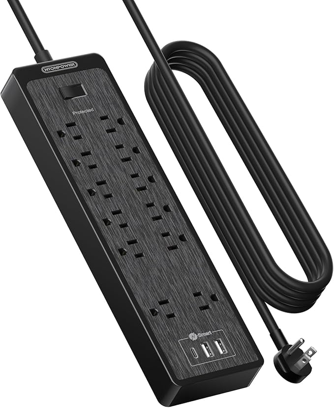 NTONPOWER 15 ft Extension Cord, Flat Plug Surge Protector Power Strip with USB, 12 Outlets Surge Protector Wall Mount, 2100 Joules, 1875W, 15A Circuit Breaker for Home Office Dorm Essentials, Black