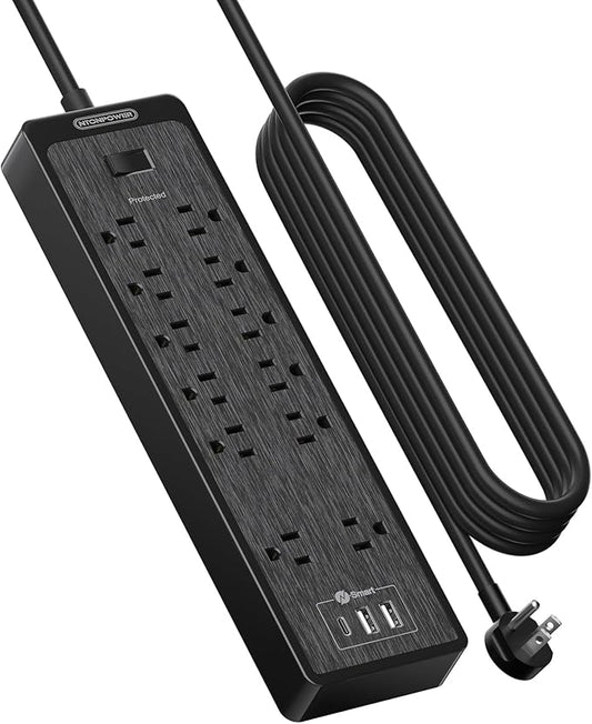 NTONPOWER 15 ft Extension Cord, Flat Plug Surge Protector Power Strip with USB, 12 Outlets Surge Protector Wall Mount, 2100 Joules, 1875W, 15A Circuit Breaker for Home Office Dorm Essentials, Black
