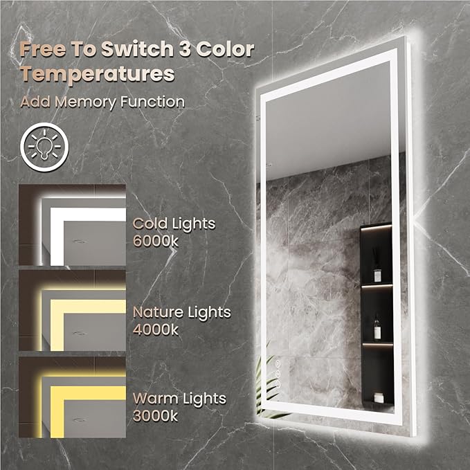 24"X36" LED Bathroom Mirror with Front Lights and Backlit, Anti-Fog, Dimmable, Shatter-Proof Tempered Glass, Lighted Bathroom Vanity Mirror for Wall with 3 Colors, Memory Function