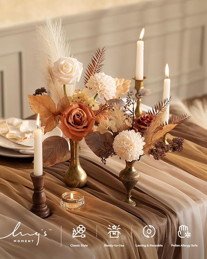 Ling's moment Artificial Flowers Fake Silk Roses Faux Foam Dahlia Combo for DIY Wedding Bouquets Centerpieces Arrangements Bridal Shower Party Home Decorations, Amber & French Orange, 24pcs