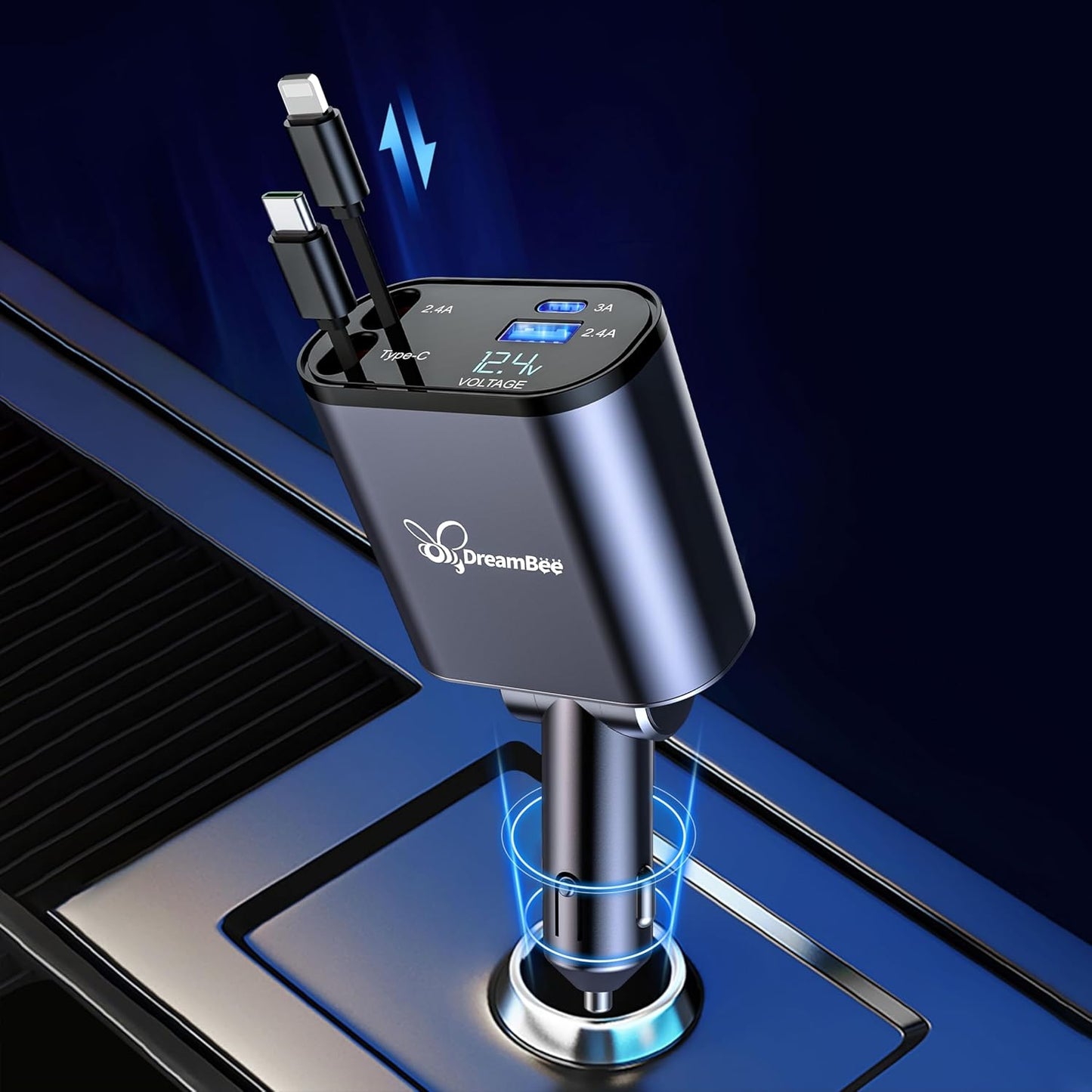 Retractable Car Charger, 66W 4 in 1 Super Fast Charge with 31.5 inch Cables and 2 USB Ports for iPhone 15/14/13/12