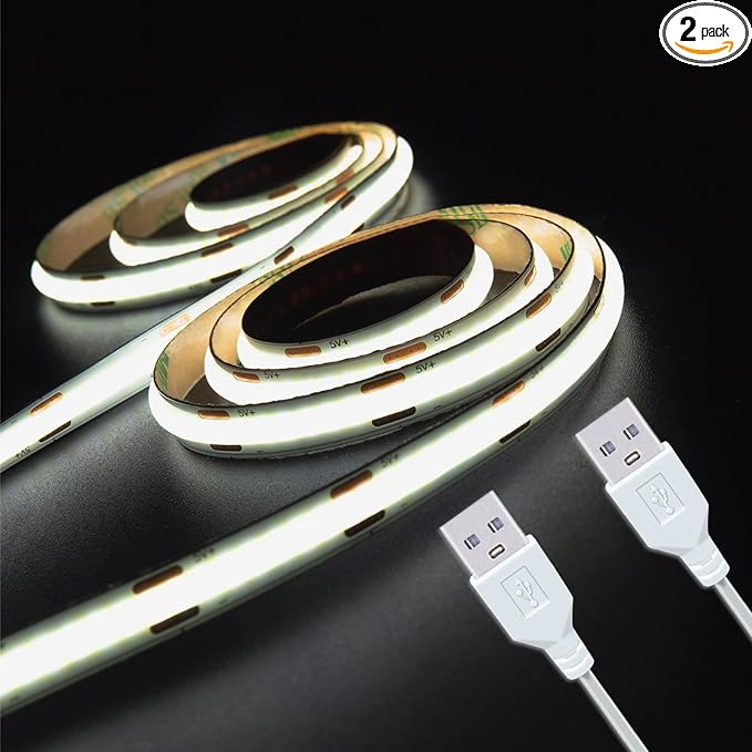 LED Strip Lights Set of 2 Pack 3.28FT COB Light Strips USB 5V 6500K Bright White High Density Not Dimmable Short LED Strip for Bedroom Indoor Home Decor Flexible Display Cabinet TV Lighting