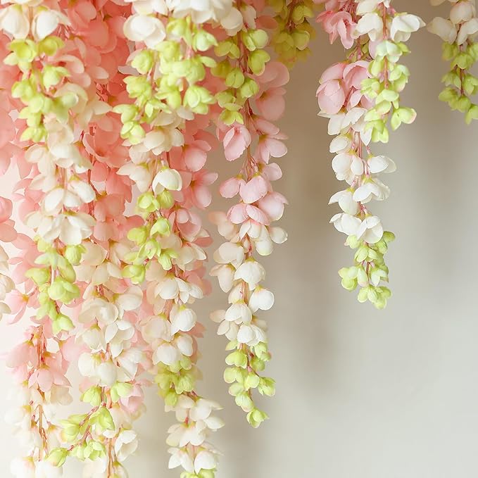 mizii 6Pcs Pink Wisteria Hanging Flowers 48" Silk Wisteria Artificial Flowers Garland Vines Fake Hanging Flowers Decoration for Wedding Flower Wall Backdrop Centerpieces Party Room Decor (Pink)