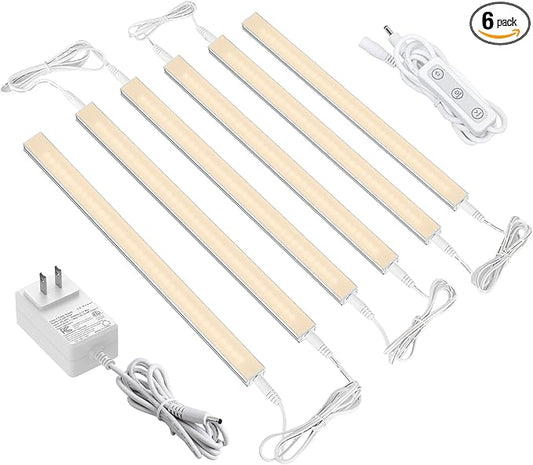 ASOKO Dimmable Under Cabinet Lighting - 6 Pcs 12 Inch Linkable Led Counter Light Bars, Warm White 2700K, DC24V 1320Lumens, 18W Shelf Lighting (ETL Plug)