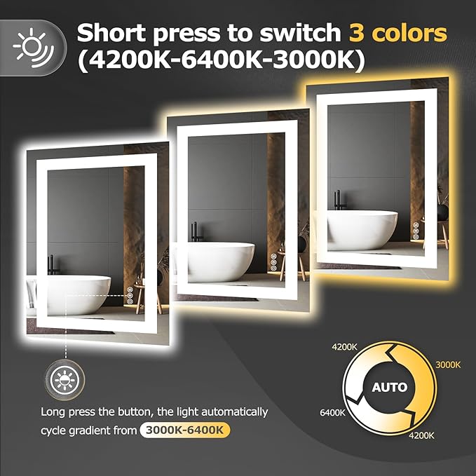 28X20 LED Bathroom Mirror with Lights, Anti-Fog, Dimmable, Backlit + Front Lit, Smart Bathroom Vanity Mirror, Memory Function, Shatterproof, Tempered Glass (Horizontal/Vertical)