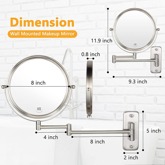 Wall Mounted Makeup Mirror - 10x Magnification 8'' Two-Sided Swivel Extendable Bathroom Mirror Nickel Finish