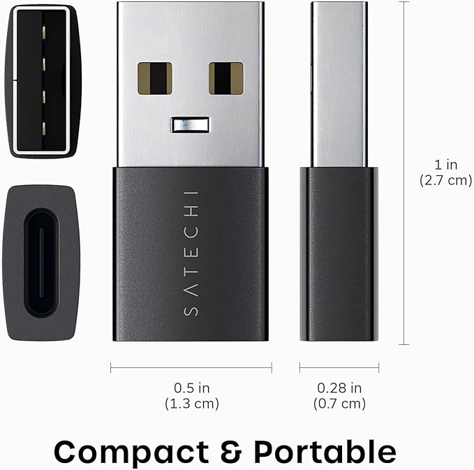 Satechi USB-A to USB-C Adapter (2-Pack), High-Speed Data Transfer & Power Delivery Charging, Designed for CarPlay, Travel & Modern Devices, Space Black