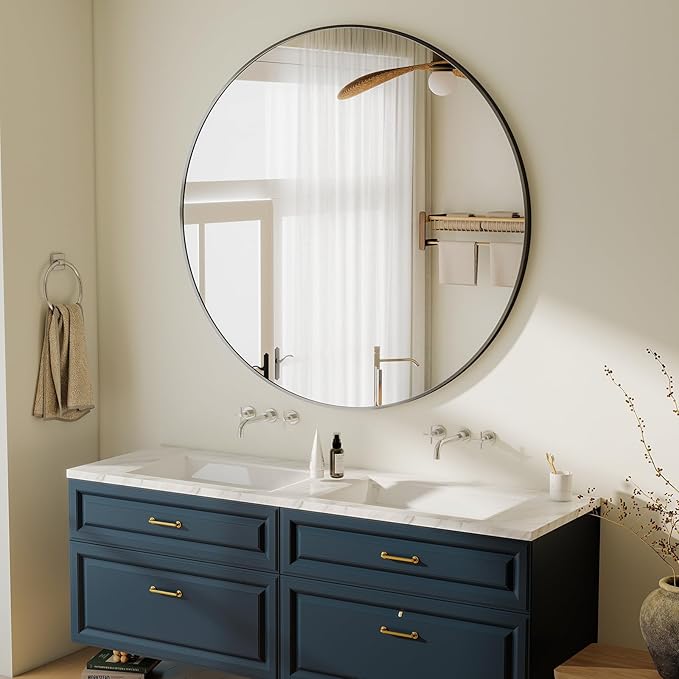 HARRITPURE 48 Inch Round Mirror, Black Circle Bathroom Mirror, Modern Aluminum Alloy Frame Large Vanity Wall Mirror for Living Room, Bedroom, Entryway