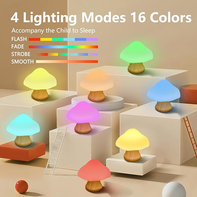 ANGTUO Wooden Mushroom Lamp, 16 Color Changing Mushroom Night Light with Two Remote Controls