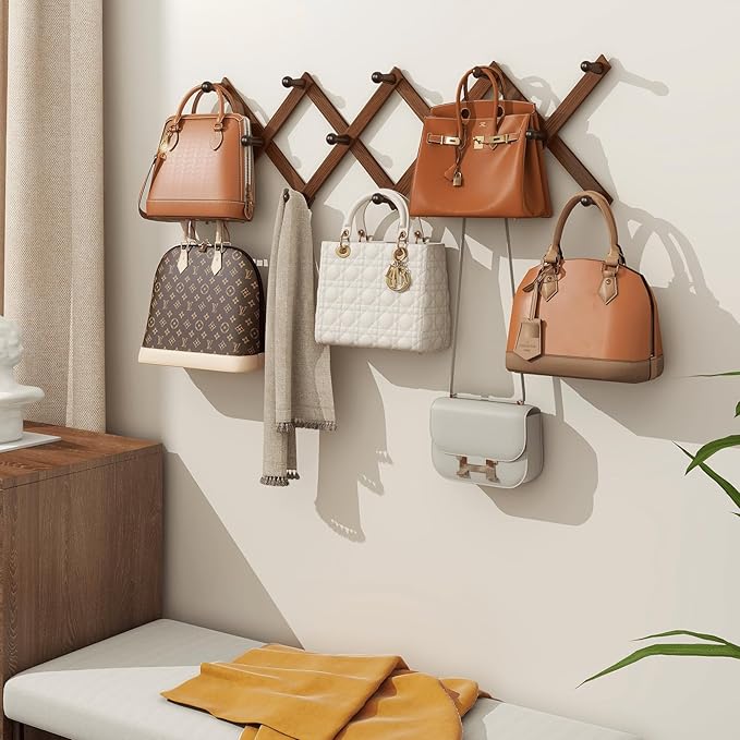 Homode Accordion Wall Hanger, Hat Rack for Wall, Wood Expandable Coat Rack, Vintage Accordian Peg Hooks Purse Organizer for Hanging Baseball Caps, Coffee Mug, Hats, Clothes, Backpack, Towel