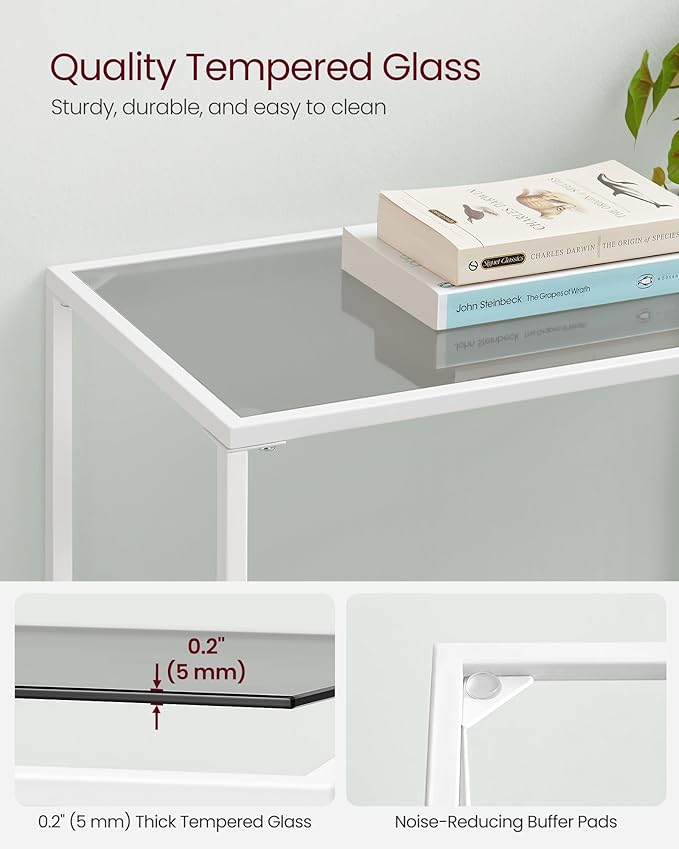 VASAGLE 39.4 Inch Console Table with 3 Shelves, Sofa Tables, Modern Entryway Table, Metal Frame, Tempered Glass Shelf, Entryway Living Room Bedroom, Pearl White and Slate Gray ULGT027W01