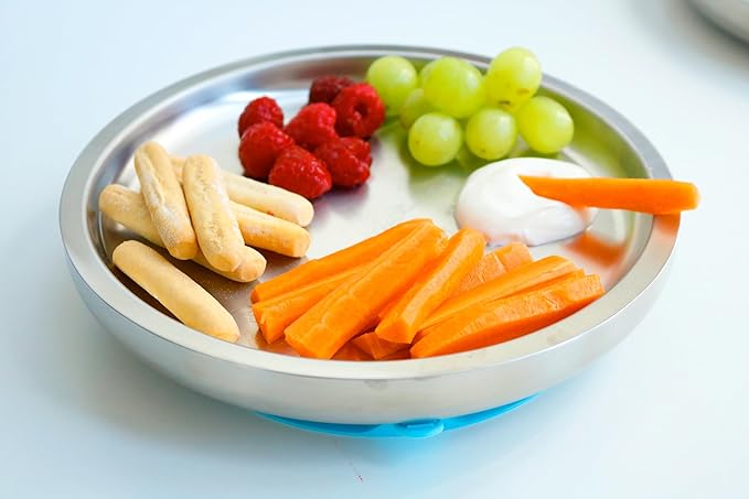 Avanchy Open Baby Plates with Suction – Stainless Steel Divided Plates for Toddlers, BPA-Free, Dishwasher Safe, Unbreakable, Non-Toxic, 100% Silicone Suction – Gray