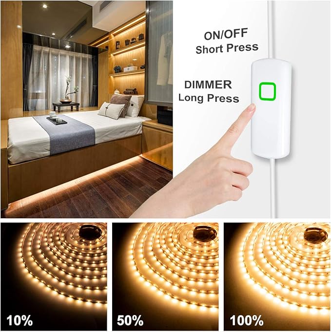 MYPLUS Under Cabinet Lighting Kit, 65.6Ft Dimmable Led Strip Lights with 1200 LEDs,24V, Low Power Safety Adapter, Flexible Tape Light for Kitchen Cabinet,Bedroom,Counter,Shelf (Warm White-3000k)