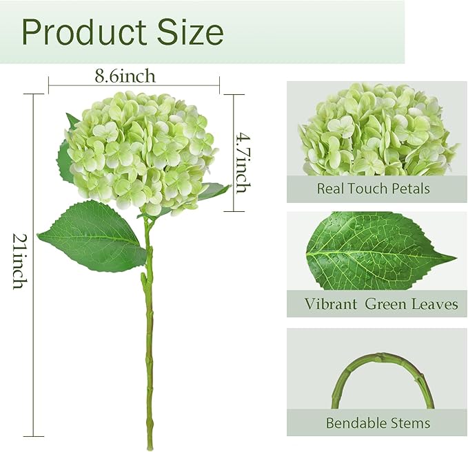 Real Touch Green Hydrangea Artificial Flowers with Stems, Fake Silk Flowers for Outdoors, 3 Pcs Artificial Flowers for Home Decor Wedding Bouquets Centerpieces Vase