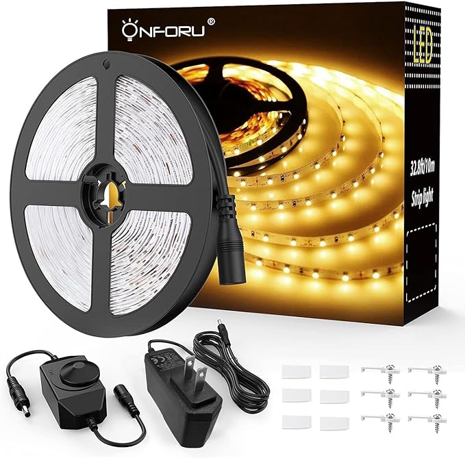 Onforu LED Strip Lights Warm White,32.8ft Dimmable 3000k Led Lights for Bedroom,Soft White Rope Light,2835 LEDs 12V Flexible Strip Tape Easter Lighting for Under Cabinet,Home,Kitchen,Bedroom,Christmas