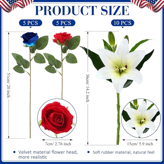 Hotop 20 Pcs Artificial Flowers Velvet Realistic Roses and Latex Lilies Flowers Bouquet Decorations Arrangements for Home Table Centerpieces Independence Day(Red,Blue,White)