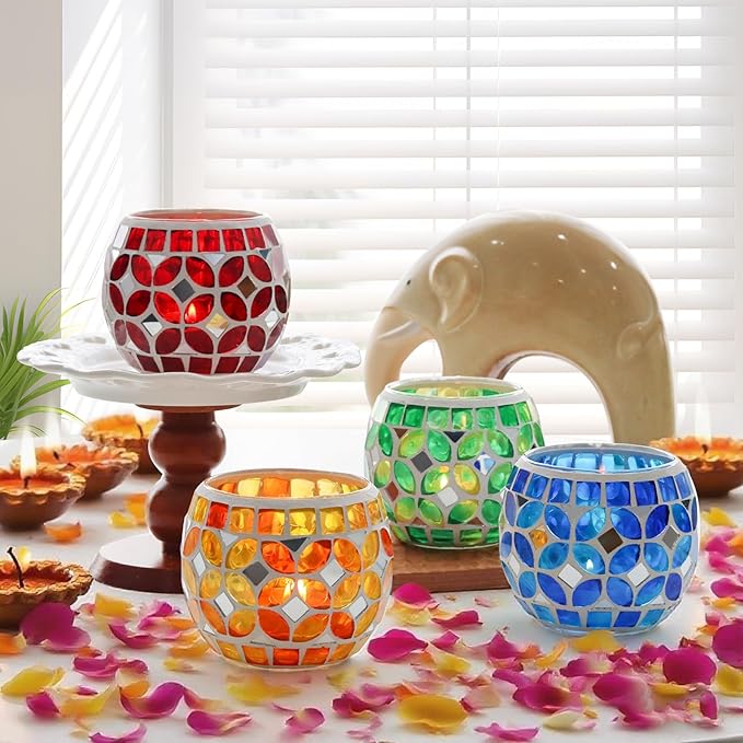 SHMILMH Mosaic Candle Holders Set of 4, Handmade Glass Tealight Votive Holders, Vibrant Red Yellow Blue Green for Diwali Christmas Wedding Party Decor, Year-Round Festive Centerpiece