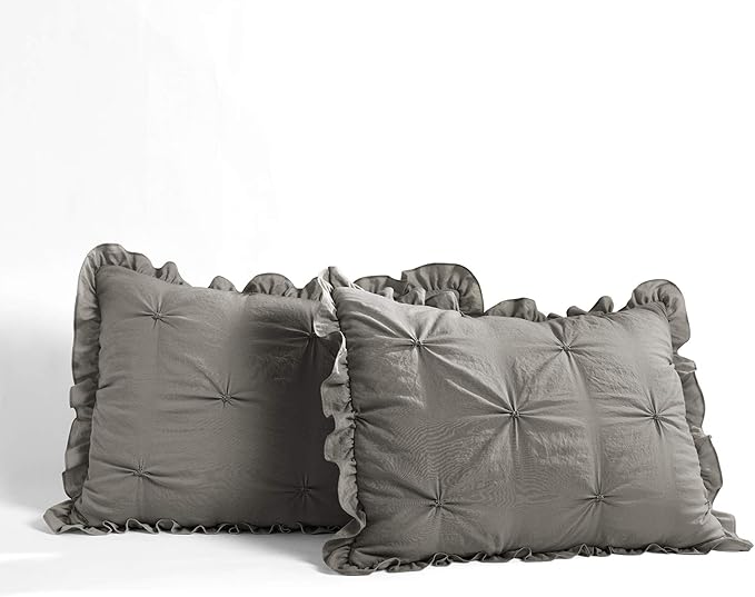 Lush Decor Ravello Pintuck Ruffle Skirt Bedspread Set - Luxe 2 Piece Ruffled Bedding Set - Traditional Glam & Farmhouse Inspired Bedroom Decor - Twin, Dark Gray