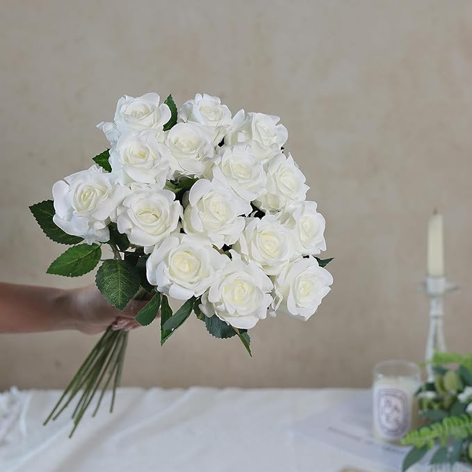 FOTEEWL 60 Pcs Artificial Rose Flower Realistic Faux Silk Roses Stem Fake Roses Bouquet for Flower Arrangement,Wedding Centerpieces,Party,Home Decorations (White)