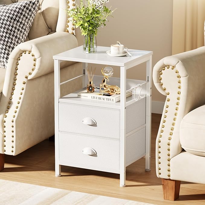 Furologee Nightstands Set of 2, End Table with 2 Fabric Drawers, Night Stand with 2 Hooks, Open Wood Shelf Bedside Table for Bedroom/Living Room/White