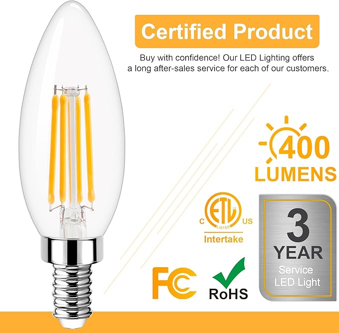 GOLSPARK Led Candelabra Light Bulb Filament Vintage Edison Chandelier Dimmable Bulbs,40 Watt Equivalent,Warm White 2700k,400 Lumen,E12 Base,6 Pack