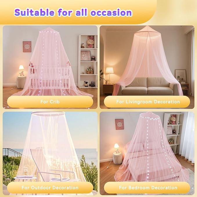 Obrecis Pink Bed Canopy for Girls, Bedroom Decor Princess Canopy Bed Curtain with Lights, 100 LED Star Fairy String Lights Hanging Dome Bed Tent with Remote for Twin to King Size Bed
