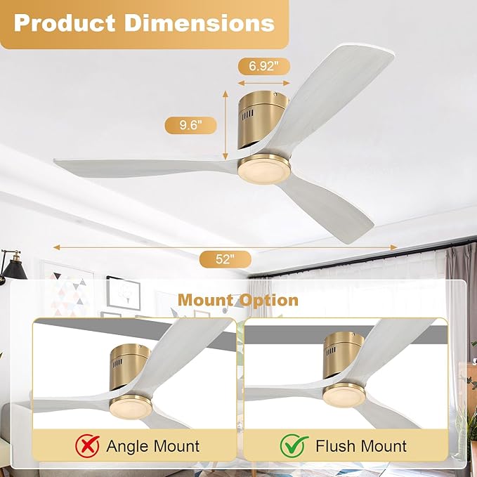 Sofucor 52 Inch Ceiling Fan No Light, Flush Mount Ceiling Fans with Remote, Solid Wood Indoor/Outdoor Ceiling Fans Without Lights, Reversiable DC Motor, Modern Ceiling Fan for Bedroom Farmhouse Patio