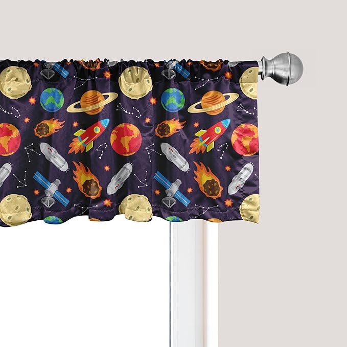 Ambesonne Space Window Valance Pack of 2, Universe Themed Illustration with Earth Moon Constellations Saturn Rockets Stars, Rod Pocket Curtain Valances for Kitchen Bedroom, 42" X 18", Dark Night Blue