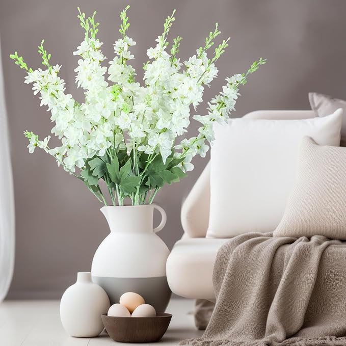 12 Pcs White Delphinium Artificial Flower 35.4'' Long Larkspur Stem White Fake Faux Silk Flowers Bulk for Tall Vase Floral Arrangements Home Centerpiece Table Wedding Decor