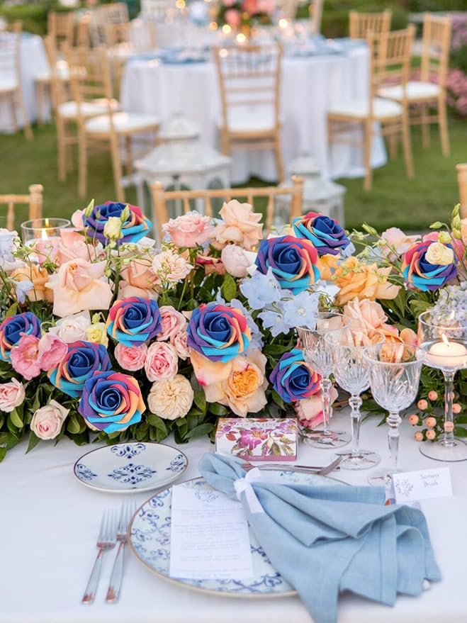 MACTING Artificial Rose Flowers 60PCS Real Looking Foam Fake Roses Rainbow Fake Flowers with Stem for DIY Wedding Bouquets Baby Shower Centerpieces Party Tables Home Spring Mothers Day Decorations