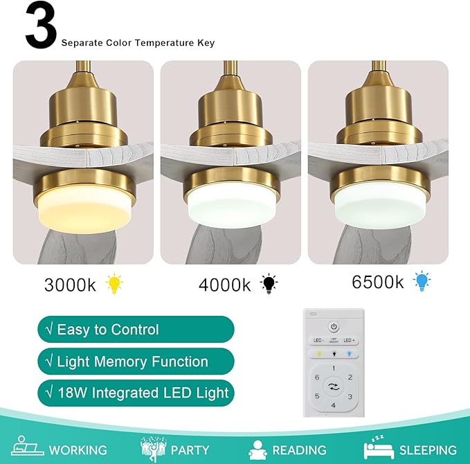 Sofucor Ceiling Fan with Lights, 52 Inch Low Profile Flush Mount Mordern Wood Ceiling Fan with Remote for Indoor Farmhouse Bedroom Living Room Outdoor Patio Porch, Reversible DC Motor, Noiseless