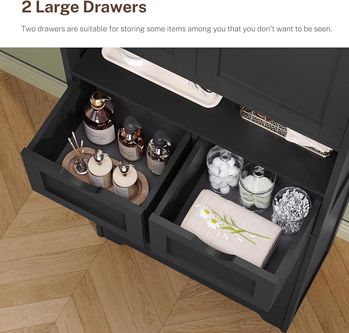 Iwell 57.8" H Tall Storage Cabinet with 2 Drawers & 2 Adjustable Shelves, Kitchen Cabinet with 4 Doors, Tall Cabinet for Living Room, Dining Room, Entryway, Black
