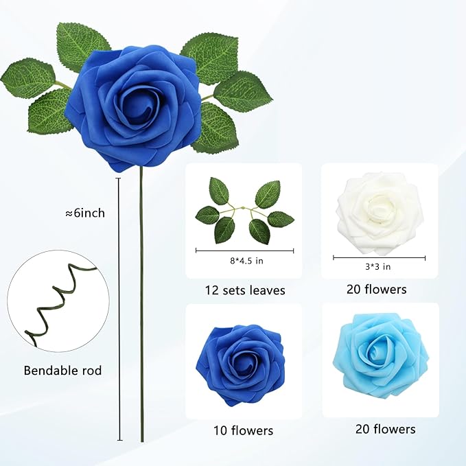 JOYLEX Artificial Flowers Realistic Roses, 50pcs Real Looking Fake Roses with Stem for DIY Wedding Bouquets Centerpieces Bridal Shower Party Home Romantic Decorations (50pcs, Shades of Blue)