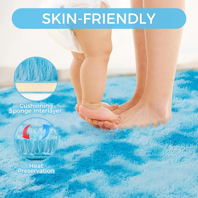 Ultra Soft Rug for Living Room, 6X9 Fluffy Shag Area Rug for Bedroom, Modern Shaggy Carpet Fuzzy Rug for Teens Dorm Nursery Home Decor Aesthetic, Upgrade Anti-Skid Durable, Tie-Dyed Blue