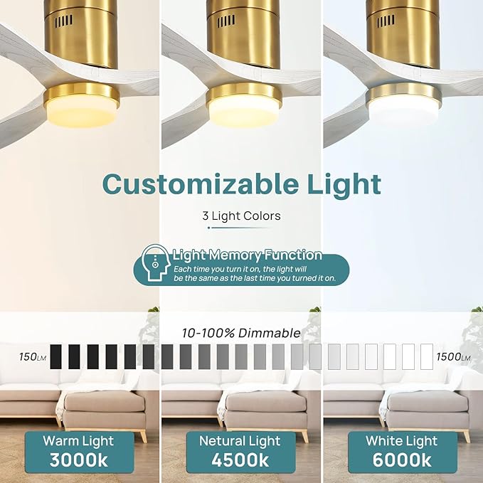 Sofucor 52 Inch Smart Ceiling Fans with Lights-Flush Mount Low Profile Modern Outdoor Solid Wood Ceiling Fans with Alexa/Google Assistant/APP/Remote Control for Bedroom/Farmhouse/Patio, Grey Gold
