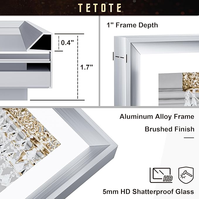 TETOTE Brushed Silver LED Bathroom Mirror with Lights 42x36 Front & Back Light Vanity Framed Mirror Baroque Anti Fog Dimmable White/Warm/Natural,CRI90+,Waterproof,Wall Mounted(Horizontal/Vertical)